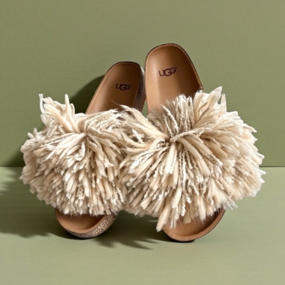 UGG Tan Cindi Yarn Fluffy Pom Pom Slides - Picture 4 of 13